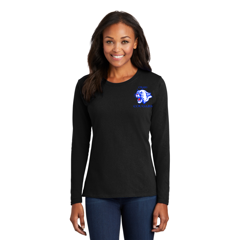 LPC54LS Port & Company® Ladies Core Cotton LONG SLEEVE Tee COUGAR HEAD LT CHST