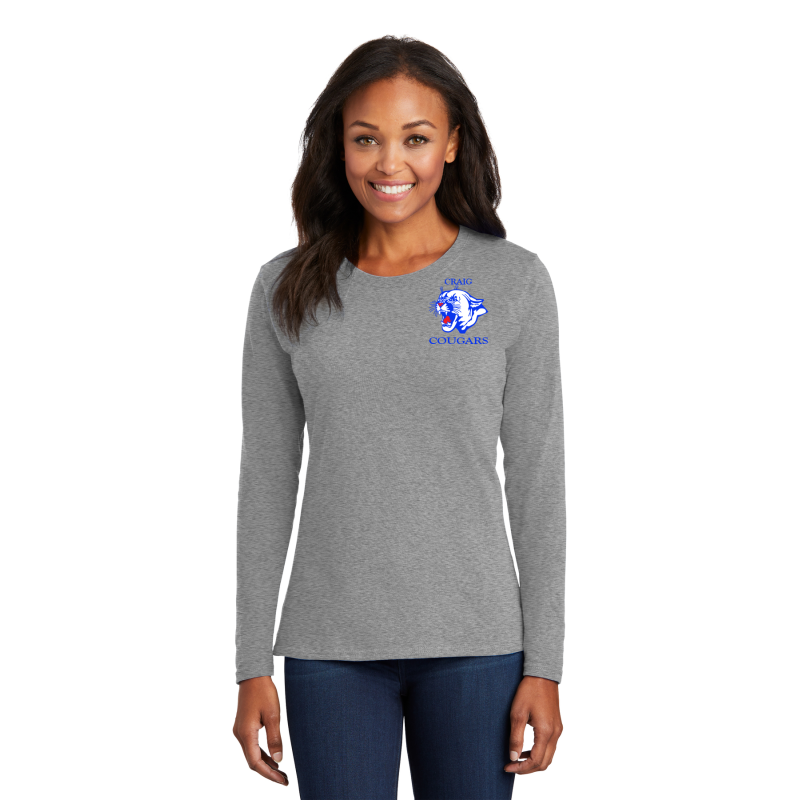 LPC54LS Port & Company® Ladies Core Cotton LONG SLEEVE Tee COUGAR HEAD LT CHST