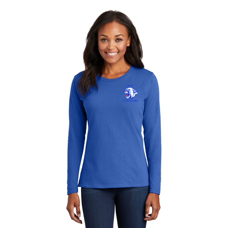 LPC54LS Port & Company® Ladies Core Cotton LONG SLEEVE Tee COUGAR HEAD LT CHST