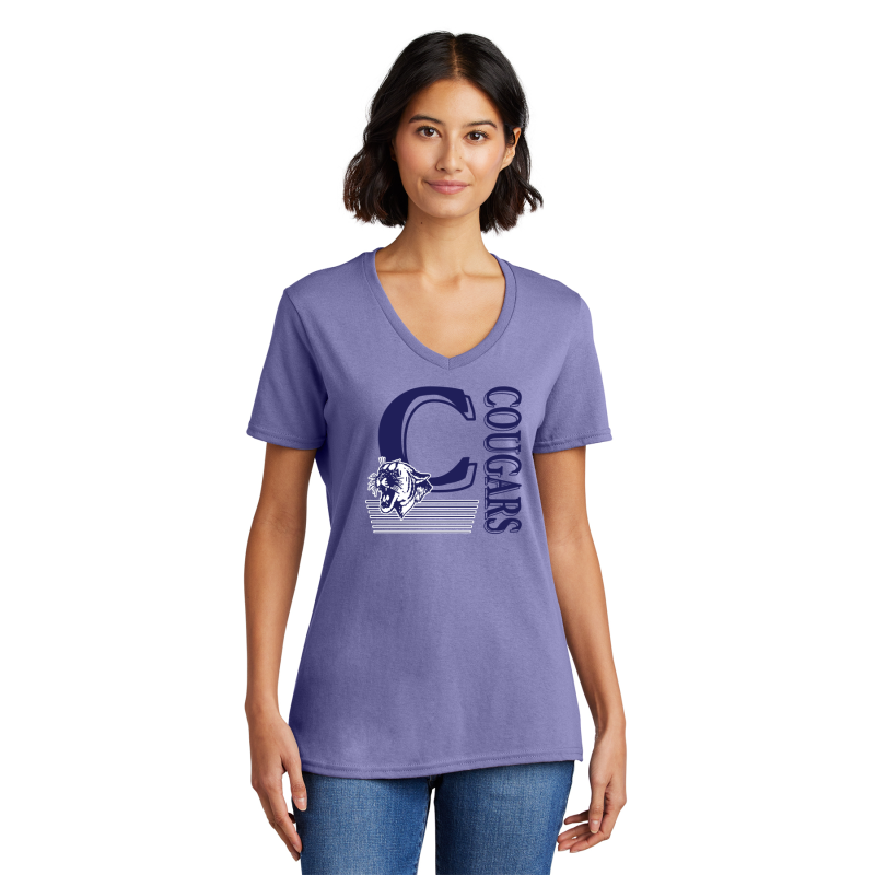 LPC54V  Port & Company® Ladies Core Cotton V-Neck Tee, FULL FRONT C COUGARS