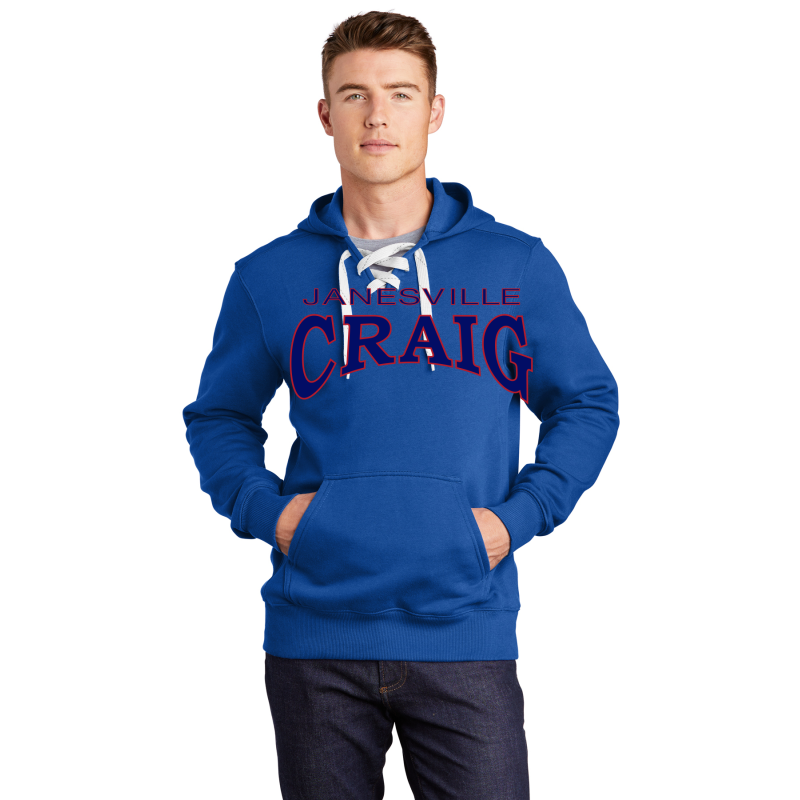 ST271 Sport-Tek® Lace Up Pullover Hooded Sweatshirt; Screen Print Full Front JANESVILLE CRAIG