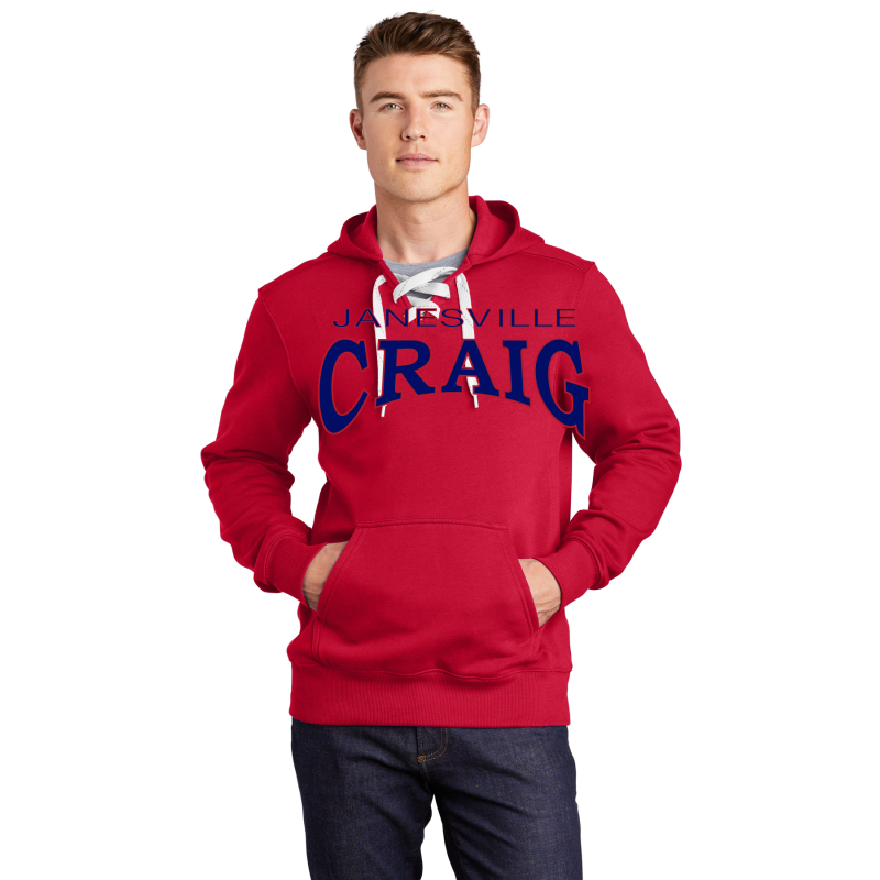 ST271 Sport-Tek® Lace Up Pullover Hooded Sweatshirt; Screen Print Full Front JANESVILLE CRAIG